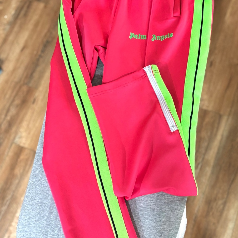 🩷 💚 Palm Angels Track Pants w/imperfections Sz S Neon Pink w/ Neon Green - Picture 2 of 16